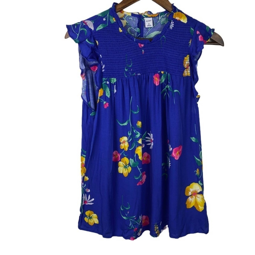 Old Navy Blue Floral Smock Yoke Ruffle Sleeve Top